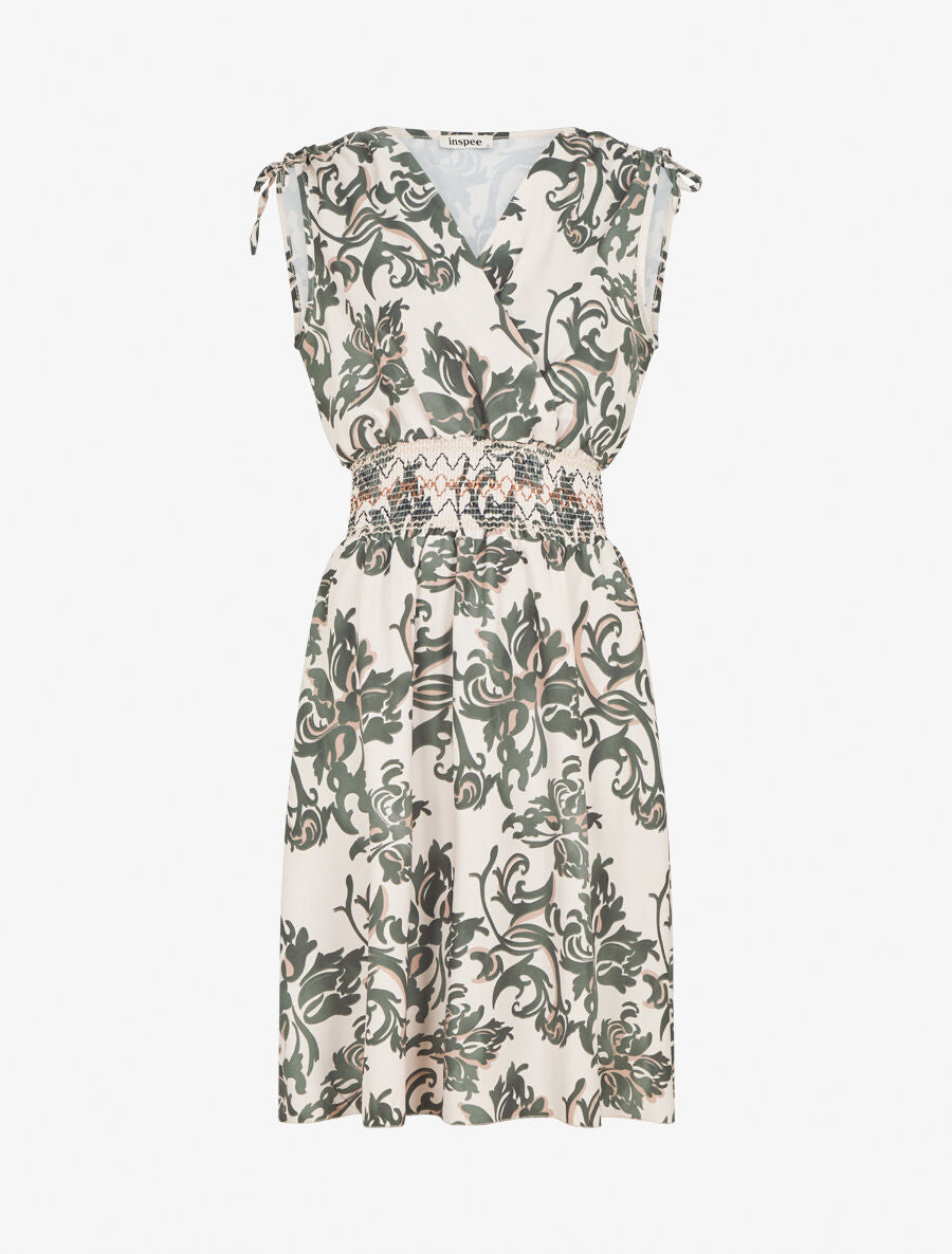 Robe élastiquée à imprimé foulard - Kaki - 1