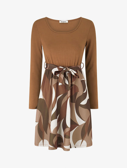 Robe patineuse à jupe imprimée - Camel - 1