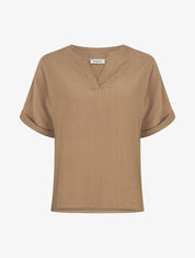 Blouse droite et texturée à col V - Camel - 4