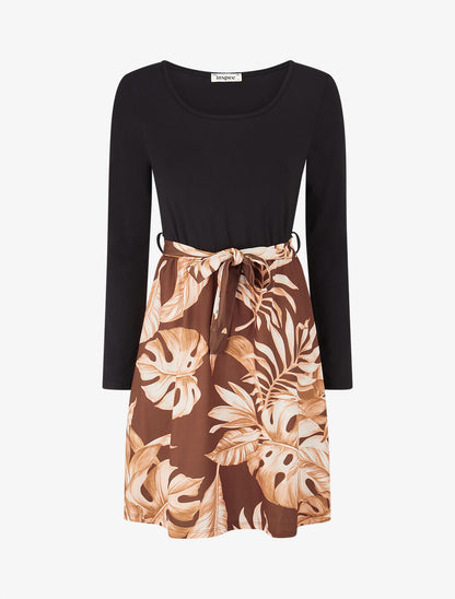 Robe patineuse à jupe imprimé tropical - Marron - 1