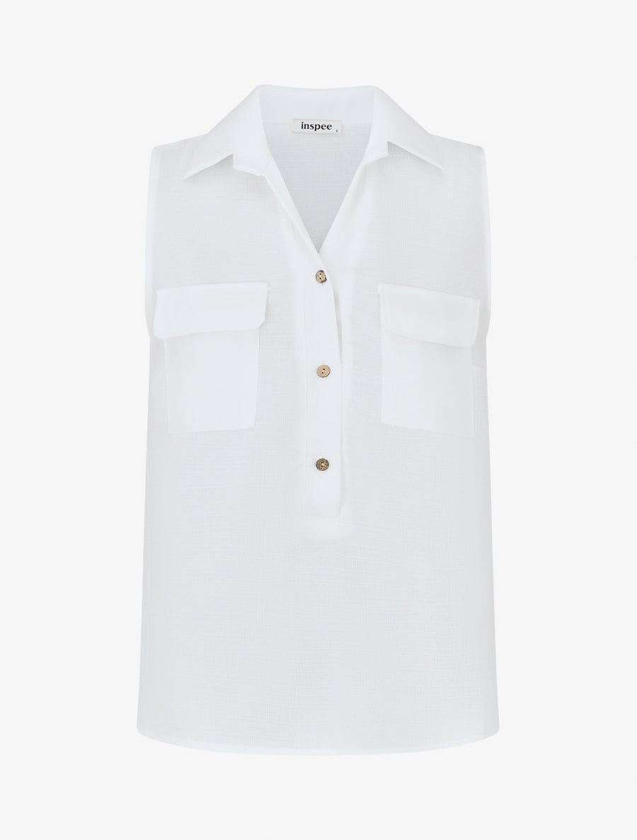 Top uni boutonné effet lin - Blanc - 1