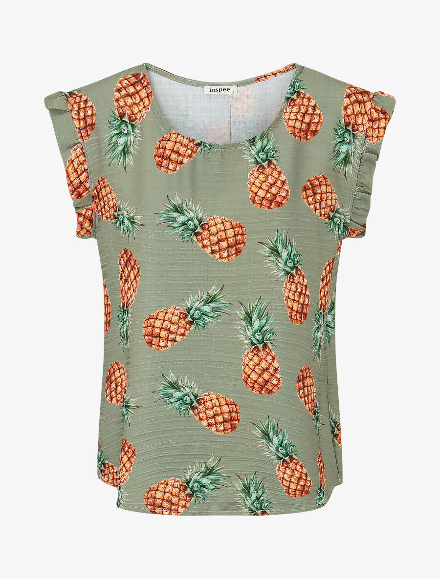Top à manches volantées imprimé ananas - Kaki - 4