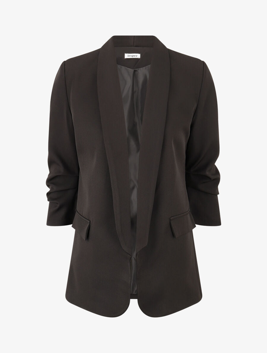 Blazer uni à manches froncées - Noir - 1
