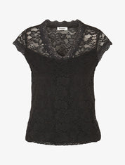 Top droit en dentelle col V - Noir - 1