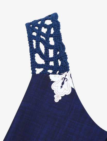Top imprimé graphique et bretelles en crochet - Marine - 3