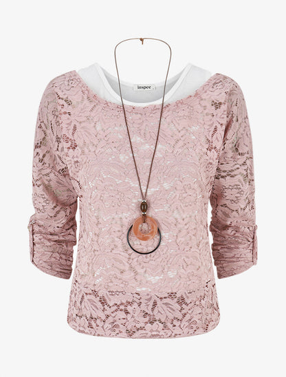Top en dentelle manches 3/4 effet superposé - Rose - 1