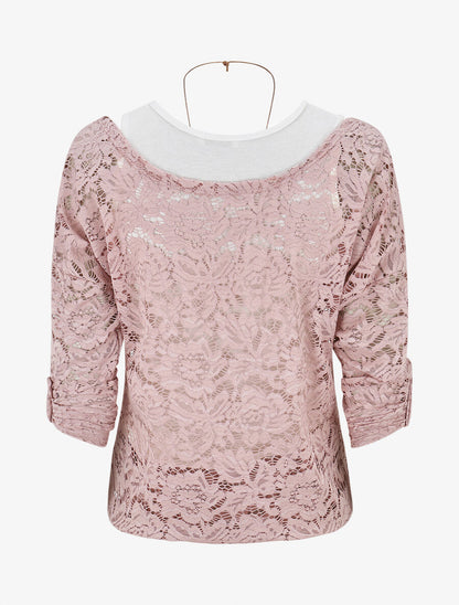Top en dentelle manches 3/4 effet superposé - Rose - 2