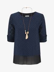 Blouse ajourée superposée à manches retroussables - Marine - 4