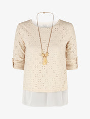 Blouse ajourée superposée à manches retroussables - Beige - 4