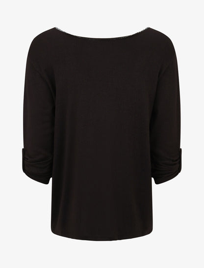 Pull fin à flocage irisé et manches retroussables - Noir - 2
