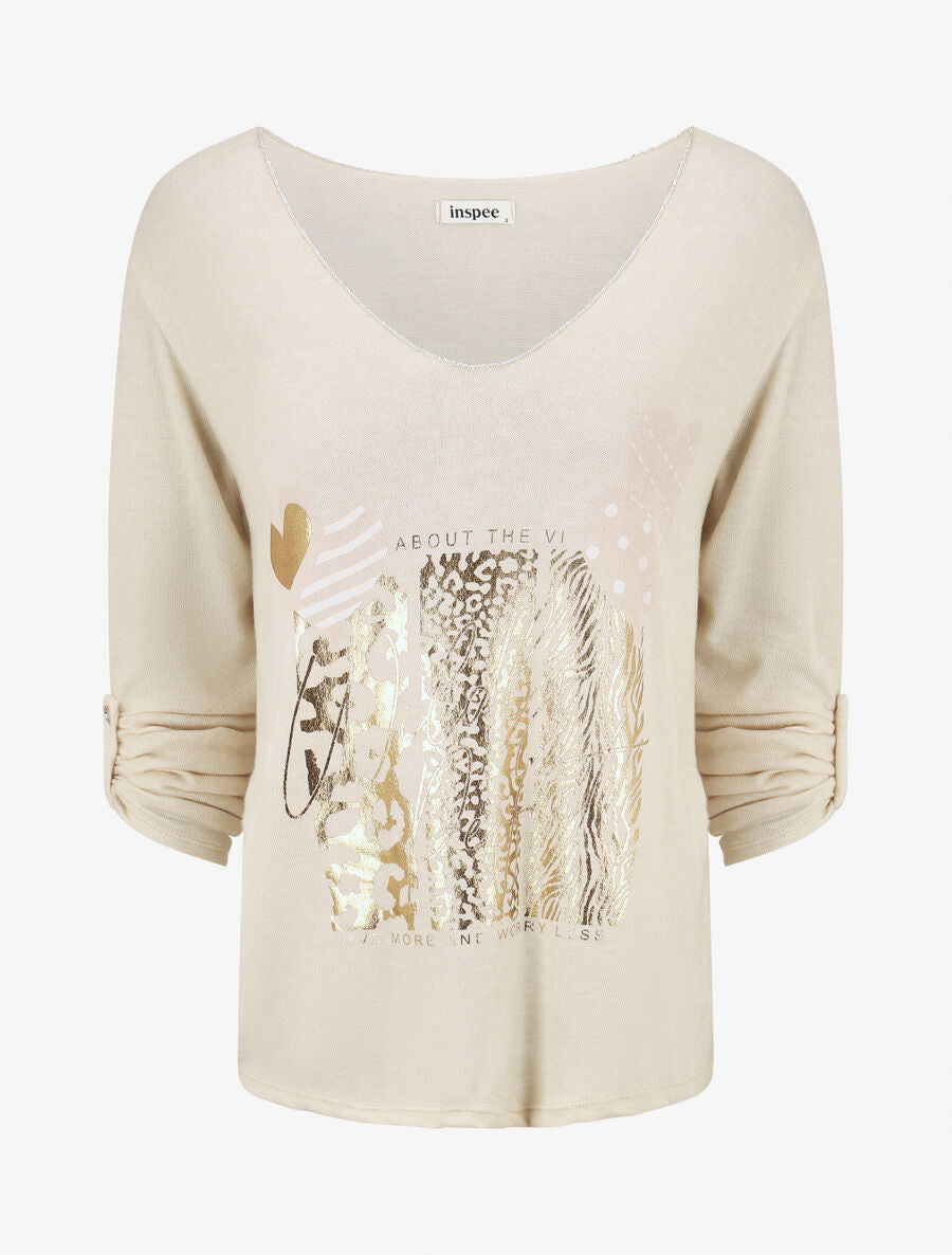 Pull fin à flocage irisé et manches retroussables - Beige - 4