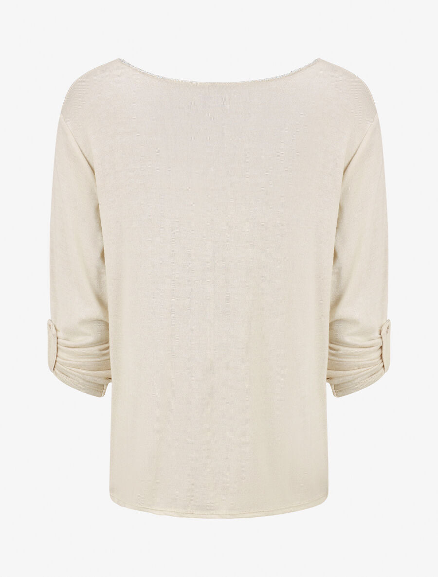 Pull fin à flocage irisé et manches retroussables - Beige - 2