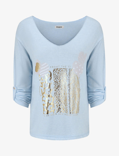 Pull fin à flocage irisé et manches retroussables - Bleu ciel - 4