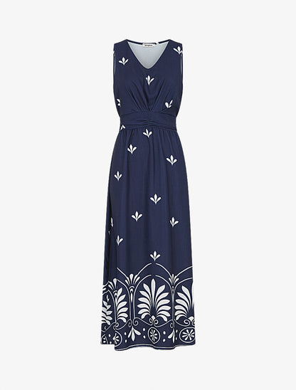Robe longue sans manches à fleurs style arabesque - Marine - 1