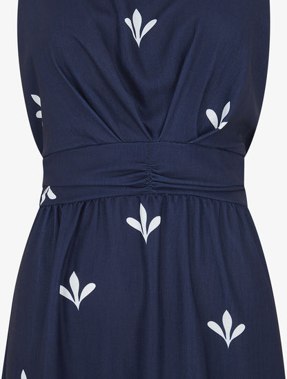 Robe longue sans manches à fleurs style arabesque - Marine - 3