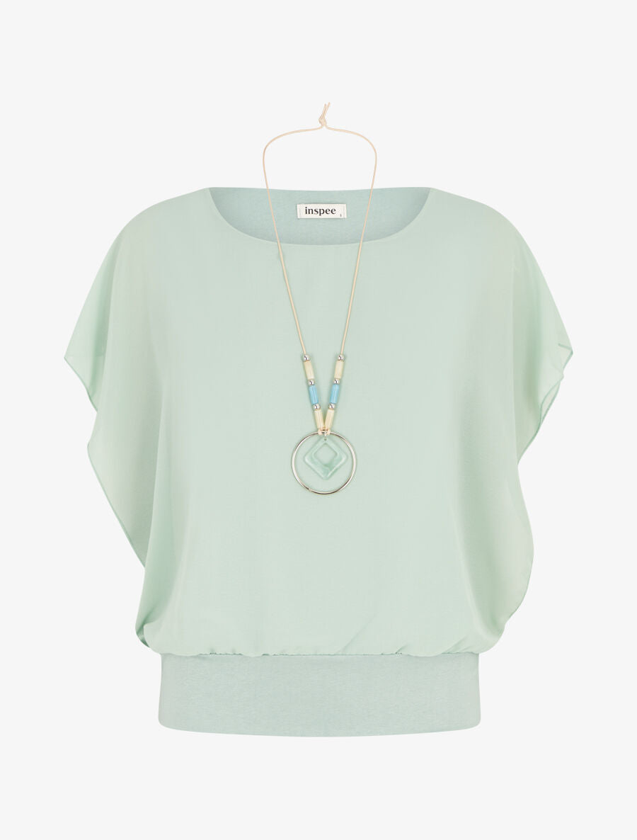 Top uni en voile à manches volantées - Vert d&