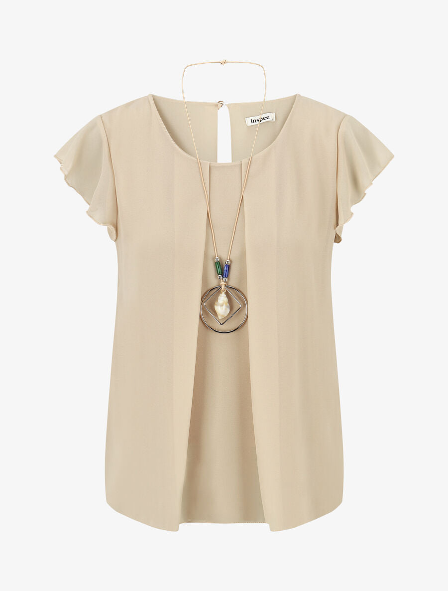 Blouse en voile transparente à manches volantées - Beige - 4