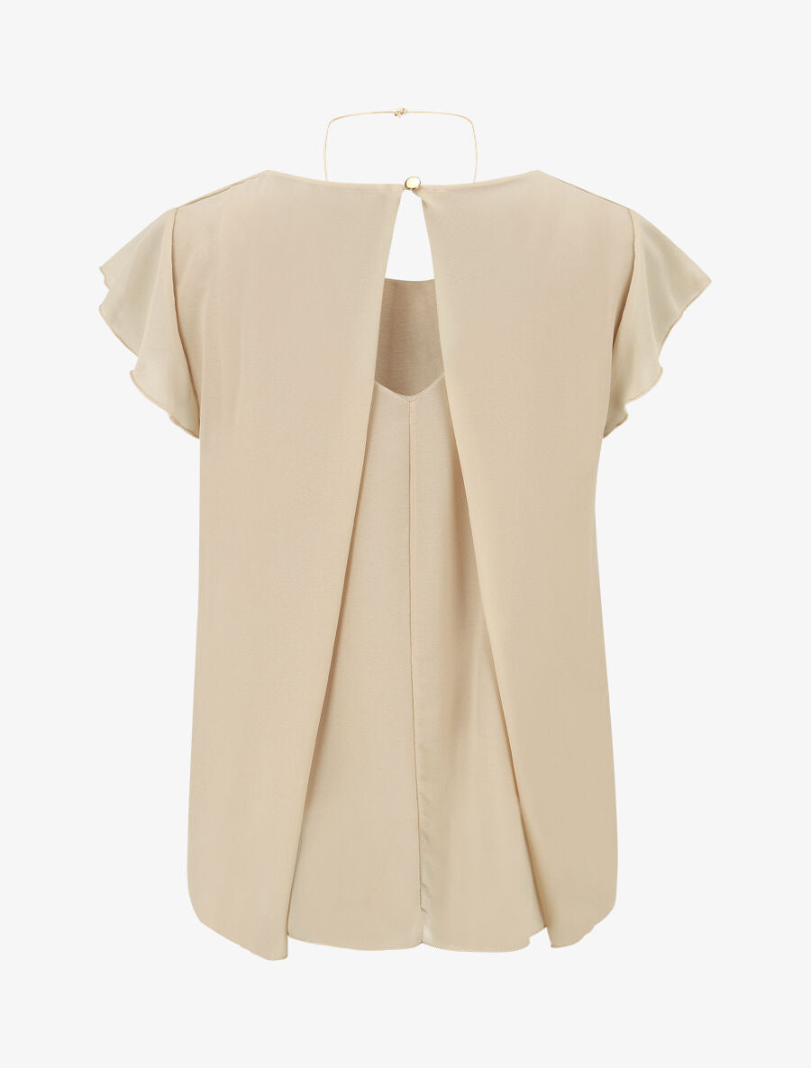 Blouse en voile transparente à manches volantées - Beige - 2