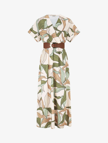 Robe longue à cache-coeur imprimé feuillage - Kaki - 4
