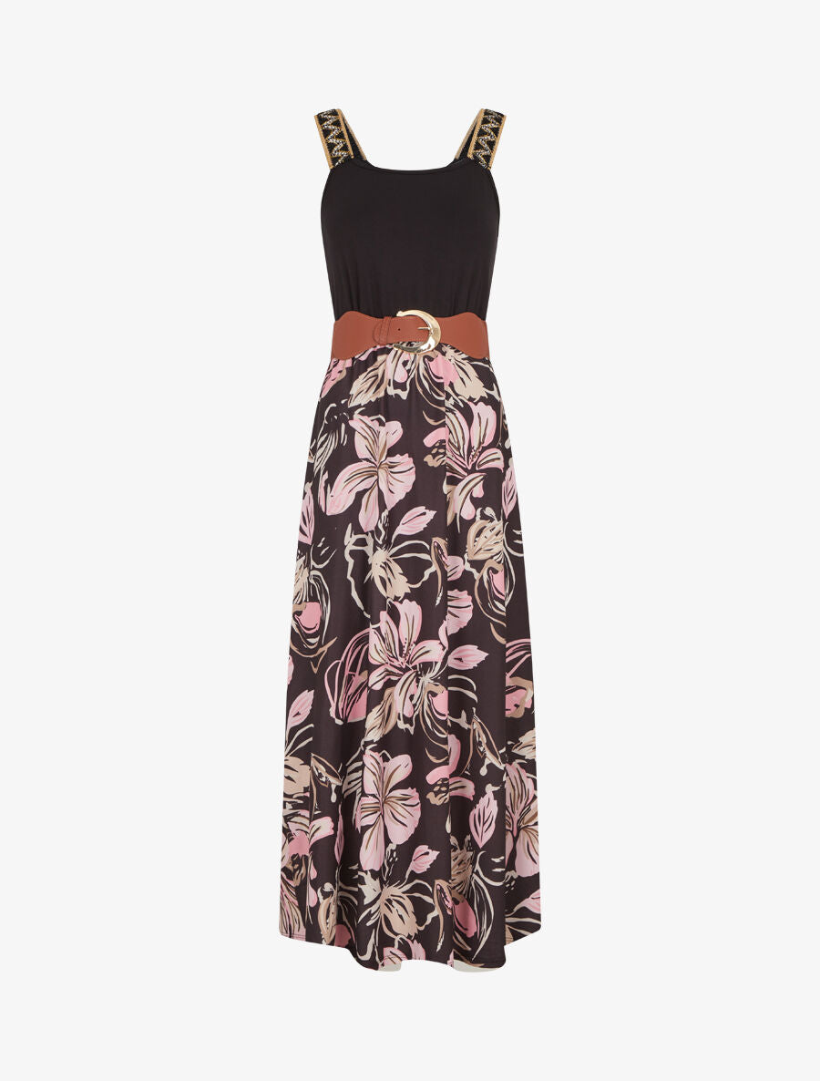 Robe longue à bretelles brodées imprimé floral - Noir - 1