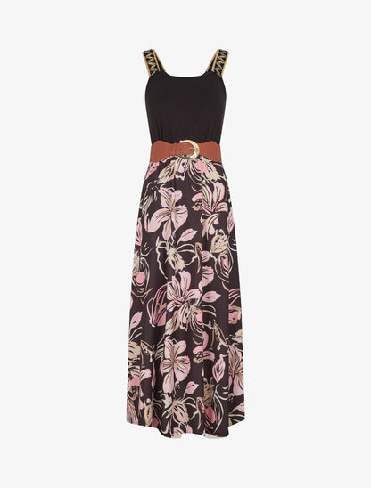 Robe longue à bretelles brodées imprimé floral - Noir - 1