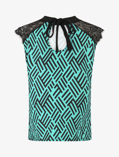 Top imprimé graphique à manches courtes en dentelle - Turquoise - 2