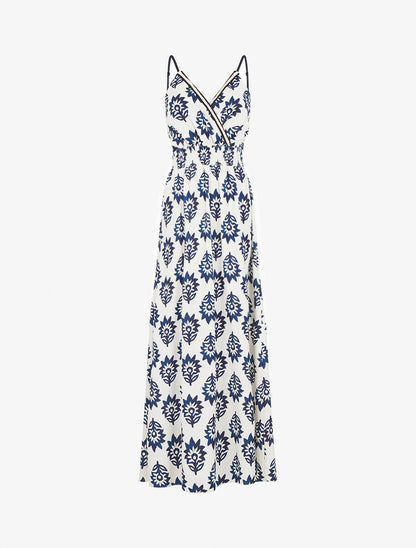 Robe longue à taille élastiquée imprimé floral - Marine - 1