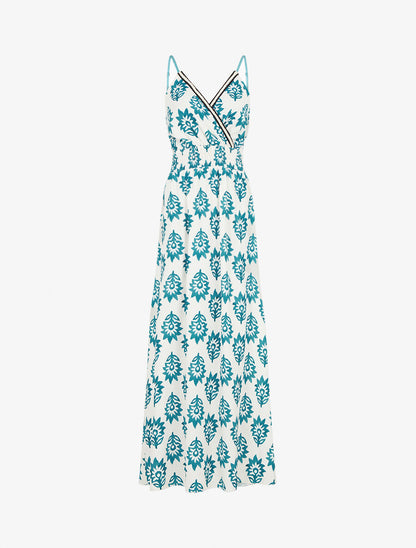 Robe longue à taille élastiquée imprimé floral - Bleu canard - 1