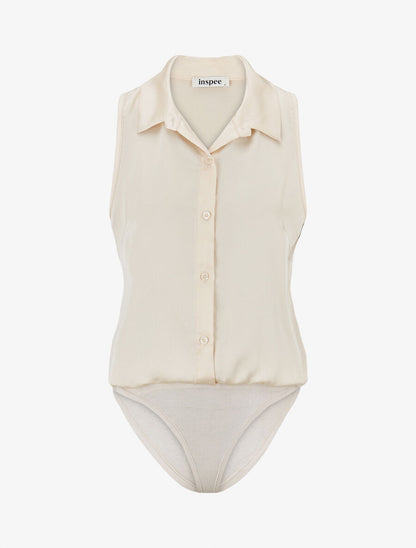 Body satiné style chemise sans manches - Beige - 4