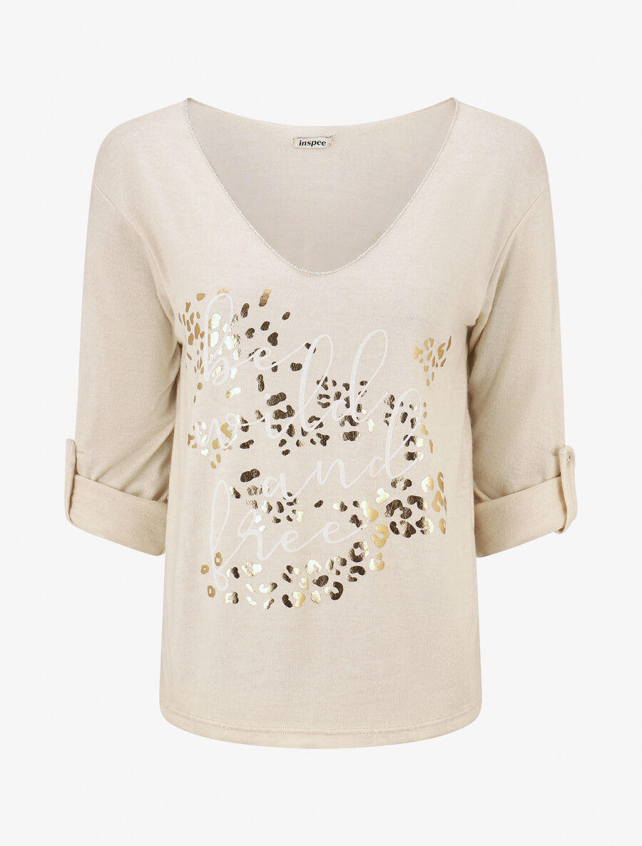 Pull droit et fin flocage léopard - Beige - 4