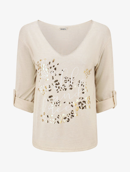 Pull droit et fin flocage léopard - Beige - 4