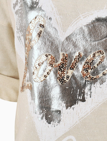 Pull à coeur irisé et sequins - Beige - 3