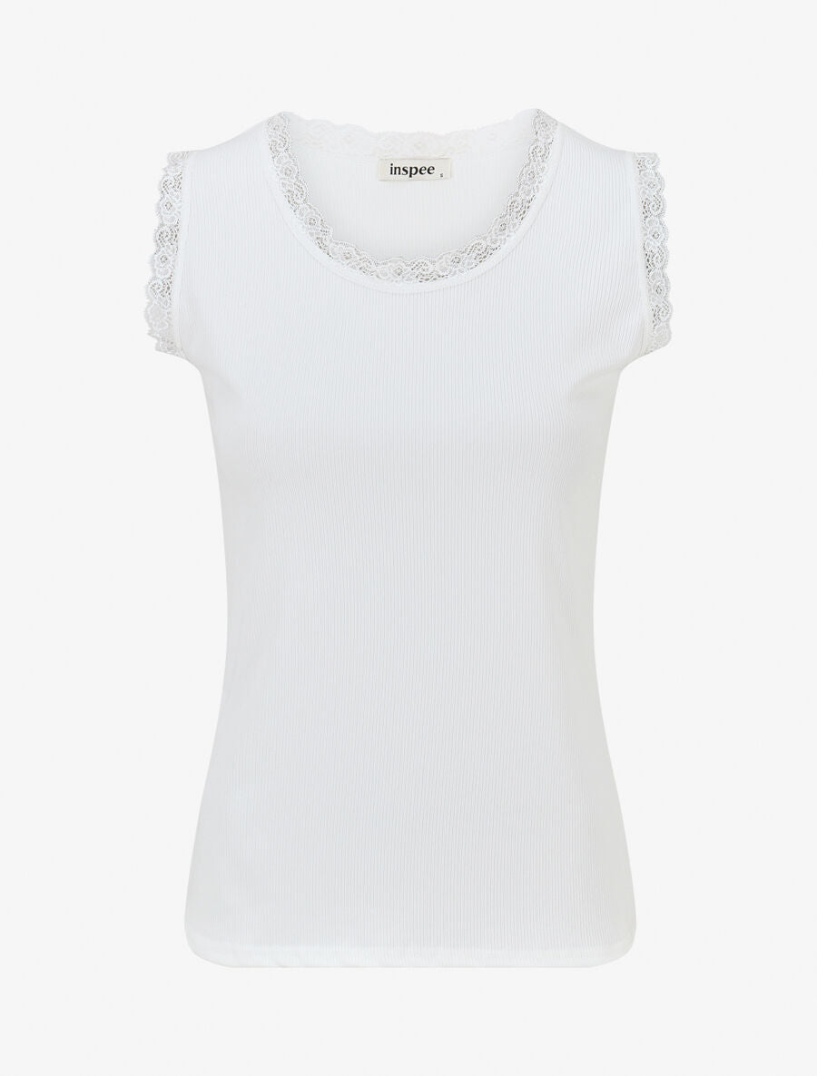 Débardeur côtelé à dentelle coupe ajustée - Blanc - 1