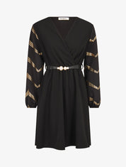 Robe patineuse à manches à imprimés dorés - Noir - 1