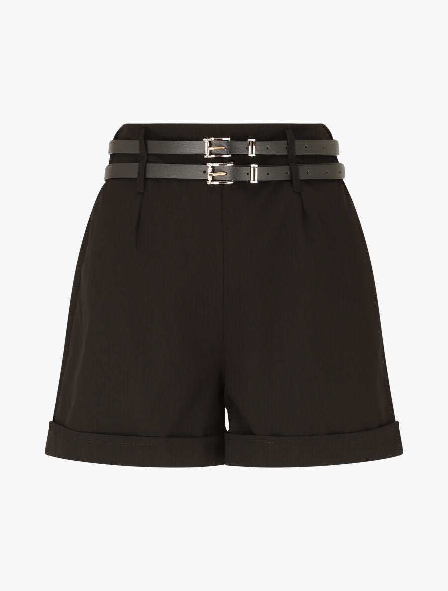 Short droit taille haute à double ceintures - Noir - 1