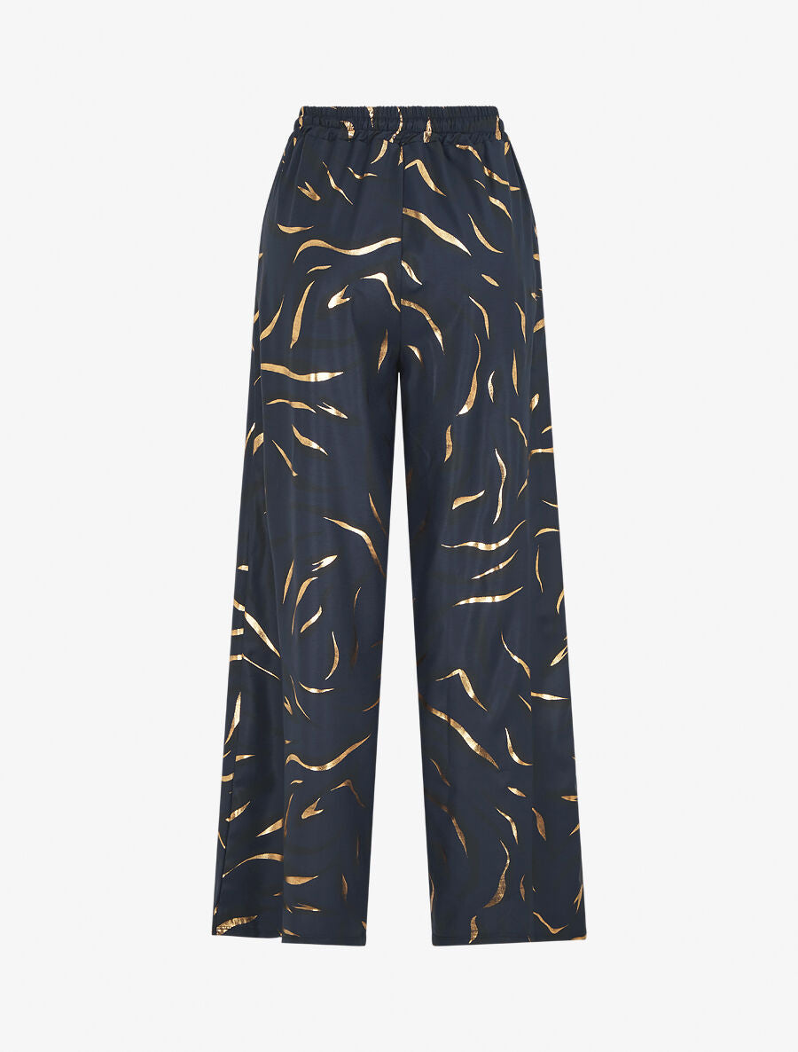 Pantalon satiné taille haute à motif doré - Marine - 2
