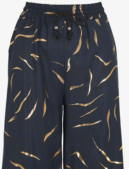 Pantalon satiné taille haute à motif doré - Marine - 3