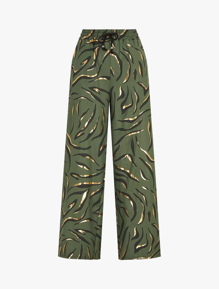 Pantalon satiné taille haute à motif doré - Kaki - 4