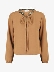 Blouse unie à nouer et col a sequins - Camel - 4