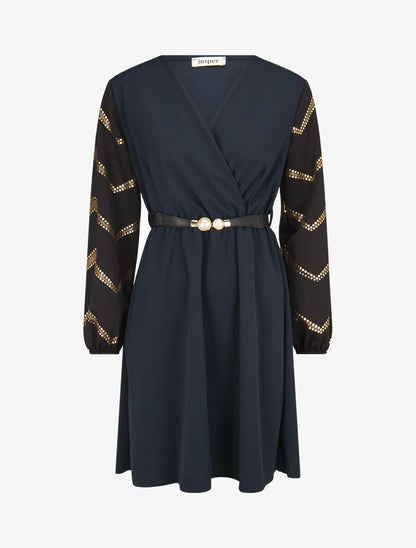 Robe patineuse à manches à imprimés dorés - Marine - 1