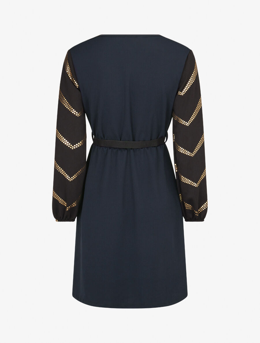 Robe patineuse à manches à imprimés dorés - Marine - 2