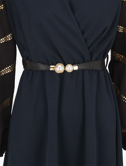 Robe patineuse à manches à imprimés dorés - Marine - 3