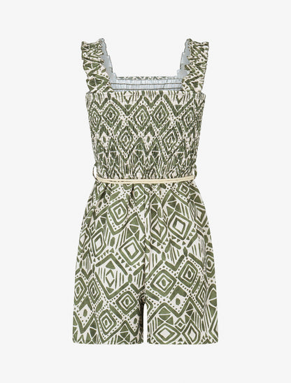 Combishort élastiqué à imprimé éthnique - Kaki - 2