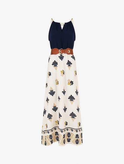 Robe imprimé ikat à bretelles en chaîne - Marine - 1