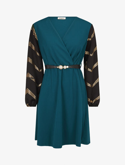 Robe patineuse à manches à imprimés dorés - Bleu pétrole - 1