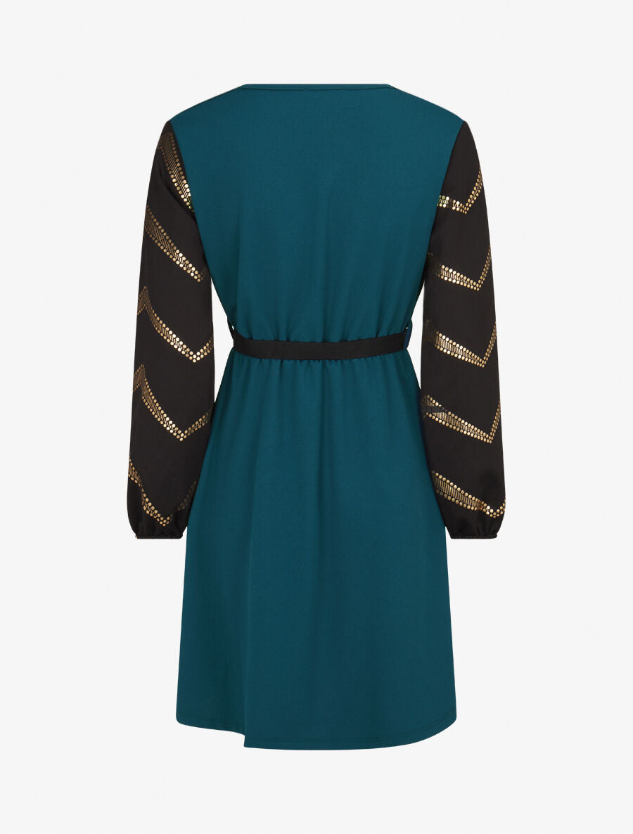 Robe patineuse à manches à imprimés dorés - Bleu pétrole - 2