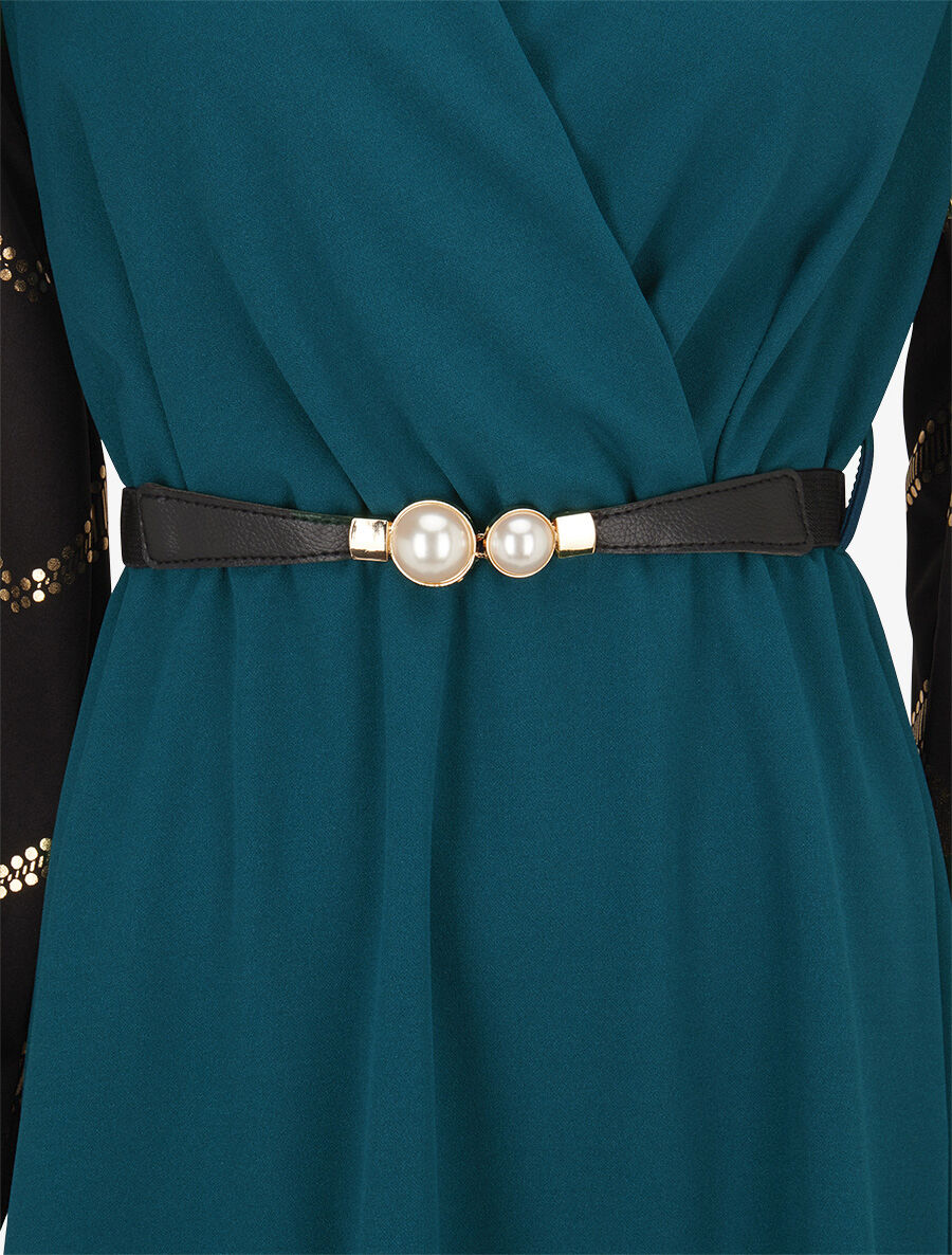 Robe patineuse à manches à imprimés dorés - Bleu pétrole - 3