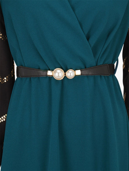 Robe patineuse à manches à imprimés dorés - Bleu pétrole - 3