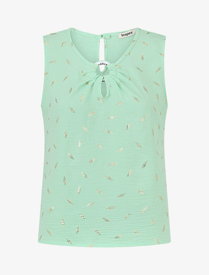 Top droit col fantaisie imprimé plumes dorées - Vert menthe - 1
