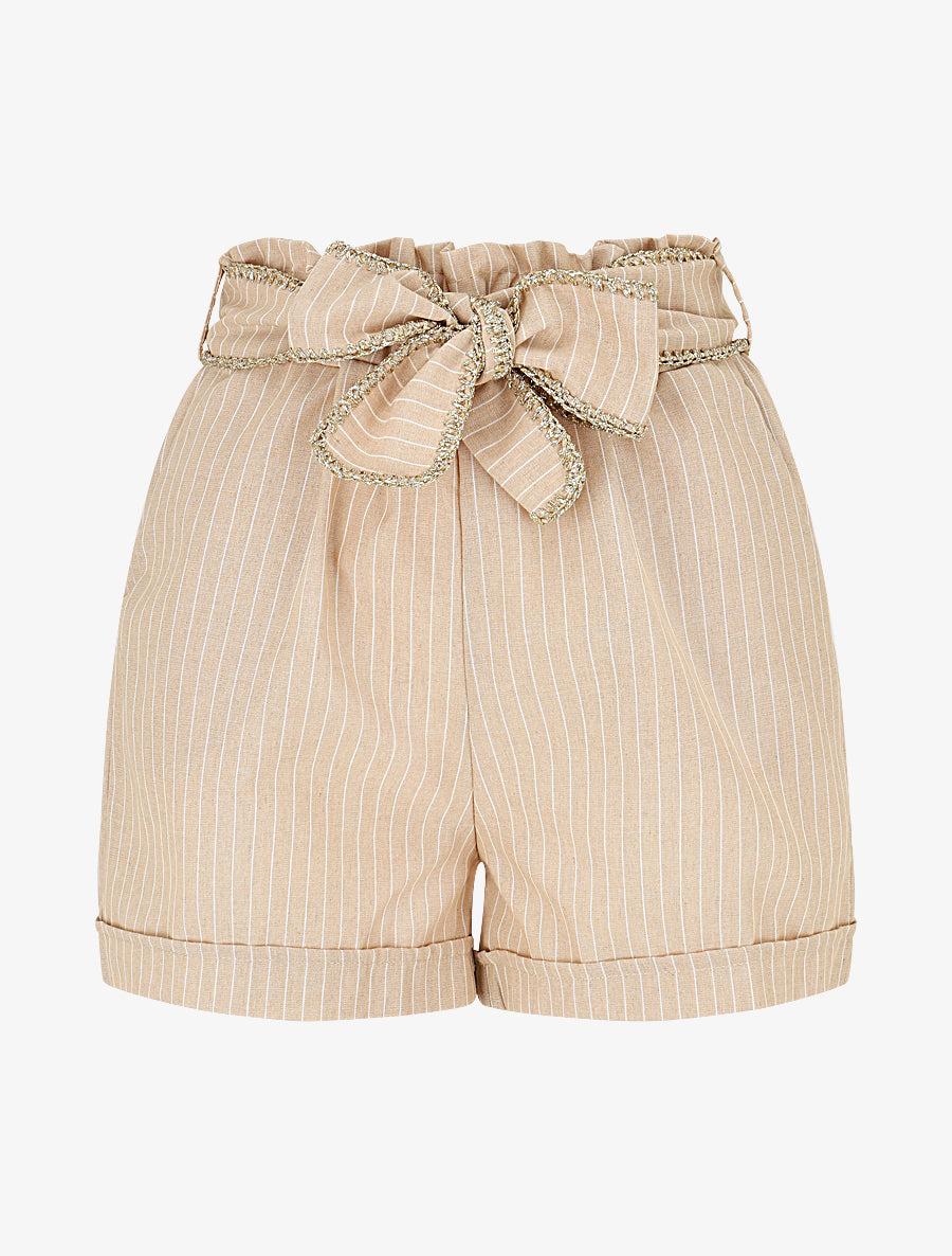 Short fluide à rayures et ceinture fantaisie - Beige - 1